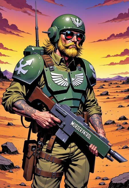 solo, warhammer 40,000, an illustration of member of the imperial guard, body armor, helmet, round sunglasses, lasgun, red-dot sight on top of lasgun, aquila emblem on chestplate, white shoulder markings, ammunition pouches, knife scabbard, wearing grenades, Sleeves rolled up above elbows, mandarin collar, olive drab uniform, canvas backpack, kneepads, combat boots, tattooed forearms, full beard, well-groomed, blonde, post-apocalyptic background, desert, in style of comic book, flat colors, Psychedelic Portrait, Colorful, Psychedelic Style, The phrase "Murder Patrol" is hand-painted on his helmet, sunset, volumetric lighting, profile, side-view,