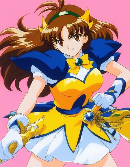 score_9, score_8_up, score_7_up, source_anime, rating_explicit, BREAK  <lora:Tsurugino_Mai_XL:1> Tsurugino_Mai, 1girl, solo, brown hair, weapon, gloves, sword, long hair, holding,  medium breasts,
1990s (style), brown eyes, bow, yellow bow, holding weapon, holding sword, magical girl, serious smile,
hairband, skirt, short sleeves, white gloves, Yellow armor, dress, white skirt, blue shoulder armor,
looking at viewer, antenna hair, puffy sleeves, bangs, puffy short sleeves