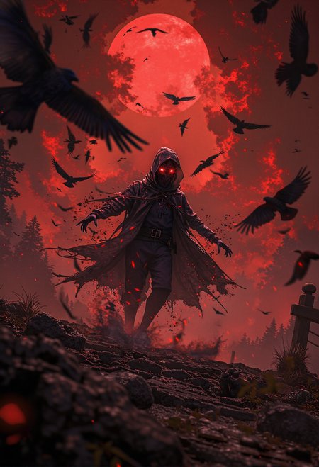 In an anime-inspired scene, a dreamlike atmosphere unfolds under a crimson red mist, with a dramatic solar eclipse dominating the sky. A mysterious figure cloaked in a long black raincoat with the hood pulled up runs toward the viewer as fast as possible, arms outstretched in an eerie, almost entranced motion. The figureâs face is obscured in shadow, revealing only two glowing red eyes that pierce through the darkness, exuding an unsettling yet mesmerizing presence. Surrounding the figure, a swirling flock of black ravens takes flight, their chaotic movements contrasting sharply with the stillness of the cloaked figure. The crimson mist and the blood-red light of the eclipse cast an ominous glow, amplifying the surreal and haunting mood of the scene. <lora:black_fantasy.safetensors:1.0>,  <lora:s1n0z1ck style FG Flux Lora.safetensors:1.0>,