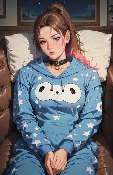 score_9,score_8_up,score_7_up, perfect hands, detailed background, smooth skin, detailed background, ukiyo-e, shiny skin, tiny blue couch, ((Rim lighting, night time, dimly lit)), watching tv, wide shot, printed onesie, siting, leaning back, leather couch, brown couch, ,head on cushion, looking a tv, eye level
(1 female), brown hair, pink highlights, high ponytail, detailed hair, large breasts, pale pink lipstick, detailed brown eyes, pink glossy eyeshadow, elongated Eyeliner, leather collar, thinking
<lora:add-detail-xl:1>  <lora:CORE:1> <lora:GarvGirlsPony:1> <lora:Eyes:00.5>