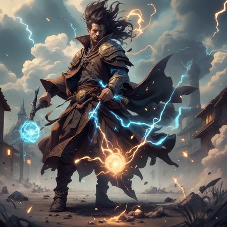 a (full body shot) of an angry human male mage casting lightning magic, dressed in shabby robes, wind blowing, dynamic action, medieval fantasy, <lora:fantastic_characters_v4:0.4>  <lora:fantasyV1.1:0.2>  <lora:Dark Fantasy:0.1> <lora:detail_slider_v4:0.2> <lora:epi_noiseoffset2:0.6> <lora:BloodMagic-20:0> <lora:EntropyMagic-20:0> <lora:NatureMagic-20:0> <lora:CreationMagic:0> <lora:ExplosionMagic:0> <lora:ThunderMagic:0.5> <lora:CastSpell:0.3> <lora:wizardrobe-000013:0>, depth of field, global illumination, bloom, warm light, cinematic composition, ultra-detailed, trending on artstation, deviant art masterpiece, intricately detailed, octane render, colour grading, film photography, subsurface scattering, heavy shadow