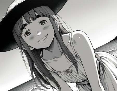 score_9, score_8_up, score_7_up, source_anime,
aikotanaka, <lora:aiko-tanaka-manga-ponyxl-lora-nochekaiser:1>,
aiko tanaka, long hair, bangs, thick eyebrows, blush, greyscale, monochrome,
dress, white dress, collarbone, bare shoulders, sundress, sun hat,
outdoors, beach, bent over, smile,
looking at viewer, cowboy shot, solo, dutch angle,
