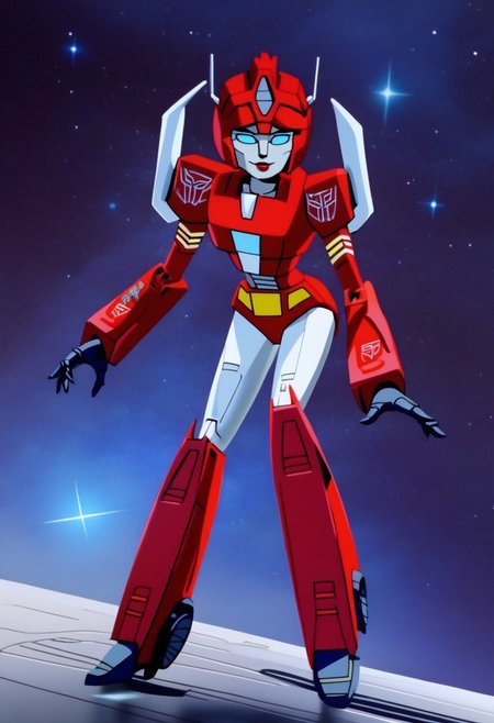 robot planet in space
score_8_up <lora:Transformers 86 FT-000005:1> 1female, autobot, female, all red body, red legs, red head, red armour, small body, petite body, slender form, full body, slim body, slim waist, round large eyes, blue eyes,  short legs, small horns protruding from head, , female lips, happy expression, smiling, curvy limbs,