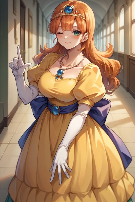 score_9, score_8_up, score_7_up, score_6_up, source_anime, 1girl, solo  <lora:dqlaura-pdxl-nvwls-v1-000005:1> dqlaura, orange hair, tiara, necklace, yellow dress, puffy sleeves, elbow gloves, white gloves, big breasts, smile, wink, looking at you, blush, hallway, pointing at you