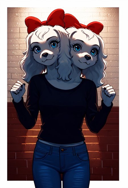 score_9, score_8_up, score_7_up, score_6_up, score_5_up, score_4_up,  <lora:Fay_Sinclair:0.8> fay sinclair with twoheads, source_furry, source_cartoon, smooth shading, cute, perky breasts, tshirt, jeans, (b0j4ck)