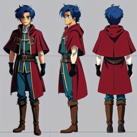 anime, 1man, man blue spike hair, short hair, red eyes, man mage, brown cloak, medieval fantasy, green boots, long gloves,   retro anime, retro style, 1980s \(style\), dungeons and dragon, dark fantasy, simples background, model sheet, character design, chara-sheet