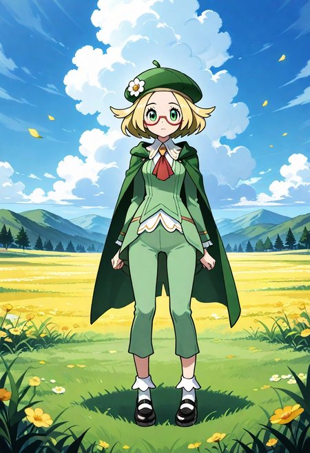 2d, masterpiece, best quality, amazing quality, absurdres, newest, 1girl, solo, full-body, standing, sky, meadow, day, clouds, looking at viewer, ncbianca, [[bianca_\(pokemon\)]], short_hair, blonde_hair, hat, green_eyes, shoes, glasses, bobby socks, pants, black_footwear, coat, ascot, green_headwear, green_pants, green_coat, beret, semi-rimless_eyewear, green cape, short cape
