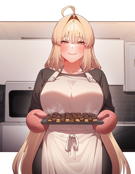 masterpiece, best quality, newest, absurdres, highres, safe,, <lora:bang-hyuna-manhwa-illustriousxl-lora-nochekaiser:1>, bang hyuna, long hair, bangs, blonde hair, large breasts, orange eyes, hair intakes, ahoge,, <lora:baking-cookies-ponyxl-lora-nochekaiser:1>, baking cookies, looking at viewer, blush, smile, gloves, holding, frills, food, indoors, apron, chocolate, cookie, oven mitts,, , cowboy shot, solo