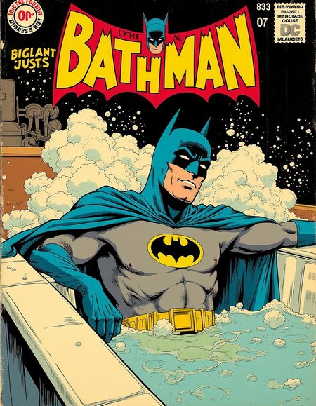 (Cinematic film still:1.7) comic vintage dc (comics cover:1.5) style, warm nostalgic lighting,
illustration of 1960s Batman, in his costume, taking a bath,,distressed vintage comic cover (text title is "Bathman":1.4)  DC logo, detailed facial expression, (relaxed) (in a retro-patterned jacuzzi:1.4), surrounded by steam and bubbles.
 <lora:UnReal_Flux:0.5> UnRealm, <lora:Hand v2:0.5> Detailed hand, Perfect hand . graphic illustration, comic art, graphic novel art, vibrant, highly detailed, style by Jim lee and Joe Kubert and Harold Foster . shallow depth of field, vignette, highly detailed, high budget, bokeh, cinemascope, moody, epic, gorgeous, film grain, grainy