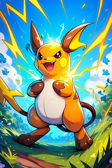 score_9, score_8_up, score_8,  ,,, , ,,, zzRaichu, looking at viewer, smile, open mouth, standing, full body, :d, outdoors, black eyes, grass, electricity,  ,<lora:RaichuPokedexPDXL:1.0>,  ,,,, BREAK, embedding:zPDXL, Expressiveh, ,,, <lora:EnergyCAT:1.0>, solo, smile, looking at viewer, aura, blue sky, ,,, <lora:SDXLFaeTastic2400:0.5>, <lora:Expressive_H-000001:0.4>,