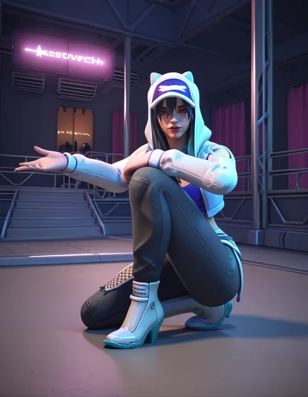 score_9, score_8_up, score_7_up, high-res, 2k, best quality, 3d, solo focus, ashefearless, ashe (overwatch)  <lora:Ashe_fearless_pony-000040:1>Knees on the floor holding onto a bar in a concert stage, at night, neon lights