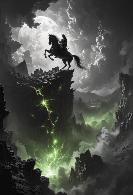 On a distant, jagged mountaintop, the Headless Horseman rears his dark steed, the horse’s front legs kicking into the stormy air. In one hand, the rider grasps his severed, ghostly head, its eyes glowing faintly. Below them, from a violently erupting volcano, a massive phoenix emerges, born from the molten lava. The black-and-white world is stark and haunting, but the phoenix and the lava glow in a venomous, toxic green. The bird’s colossal wings stretch wide, blotting out the sky, while ash and smoke swirl in the air, creating a surreal, apocalyptic landscape.