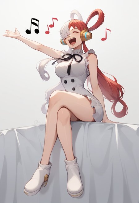 score_9,score_8_up,score_7_up,<lora:uta_(one_piece):1>,1girl, beamed_eighth_notes, black_ribbon, breasts, closed_eyes, crossed_legs, dress, eyelashes, full_body, hair_over_one_eye, highres, long_hair, open_mouth, quarter_note, singing, sitting, solo, split-color_hair, two-tone_hair, uta_\(one_piece\), white_hair