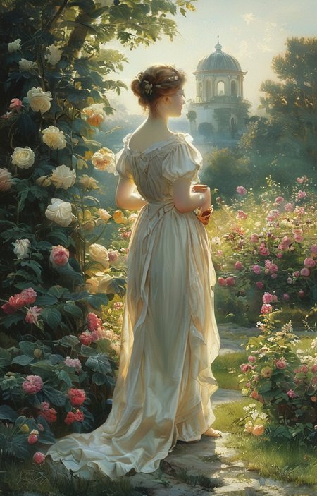 masterpiece,best quality,<lora:tbh240-sdxl:0.9>,illustration,style of Fritz Zuber-Buhler, A bottle of perfume in garden
