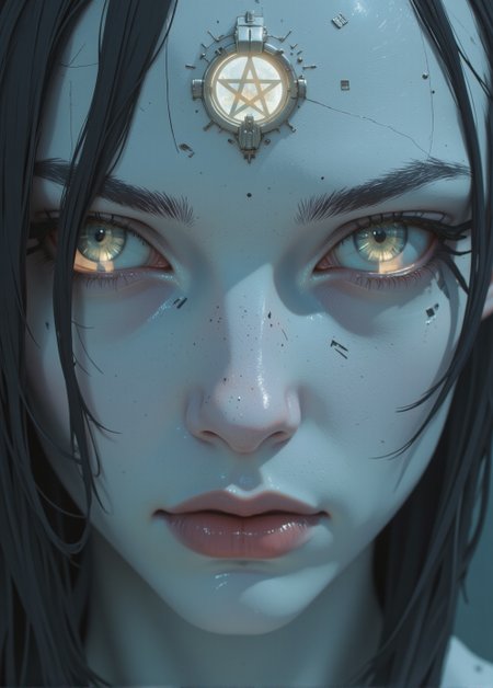 <lora:ck-Sci-Fi-Concepts:0.7>, in the style of ck-sfc, close up face shot of a white pale ceramic wabi-sabi cyberpunk (woman:0.6) looking mysteriously at the viewer, direct eye contact. holographic reflections of a (pentagram) in their eyes.
<lora:ck-nc-luminal-genesis:0.8>
<lora:flux.1_lora_flyway_Epic-detail_v2:0.6>
<lora:CPA:0.5>
<lora:BLUE_mk4_angel_FLUX_01:0.30>