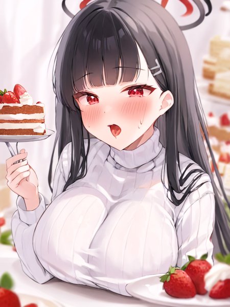 <lora:linyin:1>,1girl, food, black_hair, red_eyes, solo, sweater, breasts, feeding, halo, long_hair, cake, large_breasts, turtleneck_sweater, blush, looking_at_viewer, white_sweater, open_mouth, blurry, incoming_food, fruit, turtleneck, ribbed_sweater, holding, bangs, cake_slice, strawberry, fork, plate, white_background, simple_background, upper_body, depth_of_field, blurry_foreground, breast_rest, strawberry_shortcake, blunt_bangs, long_sleeves