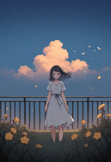masterpiece,best quality,
suruga, <lora:suruga_IllustriousXL_v1.0-000018:0.7>, animification, animal focus, bird, blue eyes, blue hair, blue sky, cloud, collarbone, dark, dress, english text, fire, floating hair, flower, grass, looking at viewer, outdoors, petals, plant, railing, scenery, short sleeves, sky, solo, standing, white dress, yellow flower