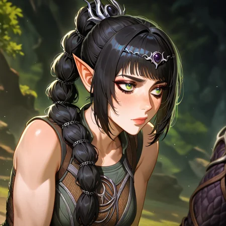 masterpiece, best quality, newest, absurdres, highres, 
D3-ART-V1.0, 
1girl, shadowheart \(baldur's gate\), long braid, elf, pointy ears, black hair, braid, side bangs, green eyes,
