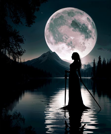 photo woman heavy shadow detailed contrast silhouette against moon  <lora:Rangers, Hunters, Woodsmen:1> fanran, woman, bow, standing sword <lora:Universe-MoonSpace Iceblue -moon:0.2> scenery, mountain, reflection, landscape, full moon <lora:add_detail:0.1.2>  <lora:epi_noiseoffset2:0.3>  long hair blowing in the wind trees