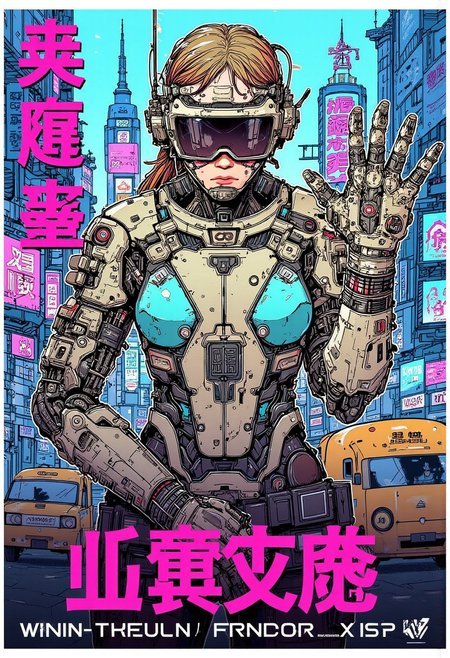anime poster image featuring a cyborg female warrior, posing for the camera with a cyberpunk city backdrop, in the style of cybermono_style. The image is vibrant and intense with no text in it