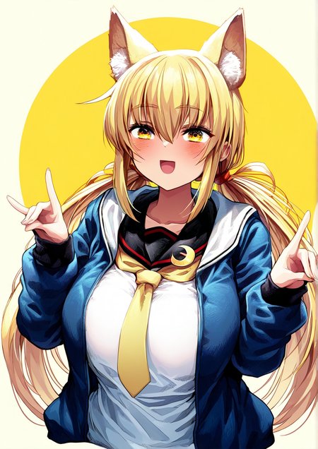 <lora:ãã°ã¡ããgibagiba:1>,1girl, satsuki (kancolle), satsuki kai ni (kancolle), huge breasts, wide hips, kantai collection, :d, animal ear fluff, animal ears, black sailor collar, blonde hair, blue jacket, blush, brown background, collarbone, crescent, crescent pin, cropped torso, double fox shadow puppet, fox ears, fox shadow puppet, hair between eyes, jacket, kemonomimi mode, long hair, long sleeves, looking at viewer, low twintails, open clothes, open jacket, open mouth, sailor collar, shirt, sidelocks, smile, solo, twintails, two-tone background, upper body, very long hair, white shirt, yellow eyes, 
animated, dynamic angle,very awa, masterpiece, best quality, highres, absurdes,amazing quality,very aesthetic,intricate details,detailed background