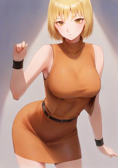 1girl,blonde hair, breasts, miniskirt, short hair, skirt, sleeveless, sleeveless turtleneck, solo, turtleneck, vest, wristband, yellow eyes <lora:rororo:1>