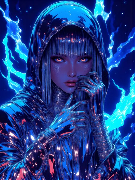 In a hyper-realistic **ne0nfant4sy** vision, the **chrome-clad figure** leans forward, one foot stepping ahead in a stance of quiet readiness. Their right hand grips the brim of the **chrome silver non la**, revealing just a sliver of their face—sharp, angular features accented by **chrome-plated cheekbones and jawline**, giving them a sleek **mechanical-human hybrid** appearance. The **metallic tassels** flow forward, as if caught in motion, partially obscuring the rest of the face beneath the hat, heightening the character's sense of anonymity. The sleeveless **chrome robe**, glossy and reflective, ripples gently in the air, catching vibrant streaks of **neon blue light** from the glowing backdrop. The intricate, **glowing silver tattoo** on the exposed left arm contrasts against the polished chrome surface, its fine details pulsing with an ethereal glow. The figure radiates readiness, their stance poised for imminent action, embodying a fusion of **futuristic technology** and **traditional elegance**, standing out against the surreal neon landscape. ((glow_skin,iridescent skin,oily skin,portrait, Detailed hand, Hand, Perfect hand, in the style of Jed-clrfl, surreal photo, iridescent, aesthetic)). aidmaimageupgrader, aidmaMJ6.1 <lora:aidmaImageUpgrader-FLUX-V0.2:1.0> <lora:flux.1_lora_flyway_Epic-detail_v2:0.8> <lora:aidmaMJ6.1_aidmaMJ6.1-FLUX-v0.4:0.8> <lora:Dreamy_Illustrations_FLUX_LoRA-000001:0.6> <lora:v1v1dr34m:0.8> <lora:ne0nfant4sy_NeonFantasyPrimeFLUX-000049:0.8>