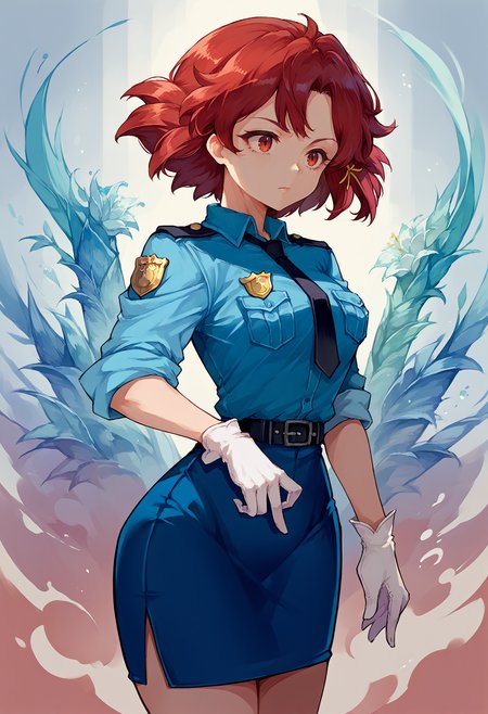 score_9, score_8_up, source_anime, 1girl, solo, Izetta, short hair, hair ribbon, police uniform, blue shirt, black necktie, badge, sleeves rolled up, white gloves, blue skirt, pencil skirt, <lora:ChamIzettaPonyXL:1>