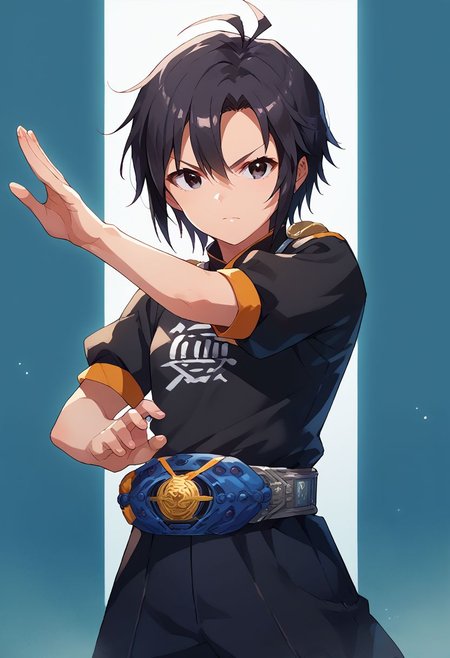 score_9, score_8_up, score_7_up, source_anime,
kkcmkt, short hair, black hair, antenna hair, hair between eyes, black eyes, flat chest,  small breasts, rider belt, henshin pose