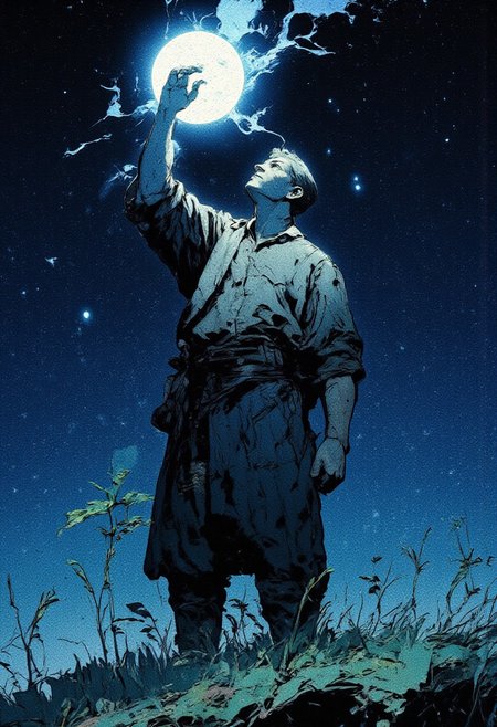 4k quality, (Perfect hand), anime, (masterpiece), (detailed face), detailed
A man standing in a grassy field. He is looking up at the night sky. (He holds one hand upwards, acting like he is holding up the moon). Stars and ethereal cosmic light shine in the background. 
The overall mood is surreal, melancholic, and otherworldly, with deep shadows and cool, mysterious cosmic energy.