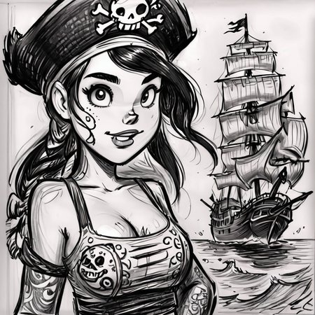 drawix18 pirate girl, black ink, very detailed <lora:drawix18:0.8>
