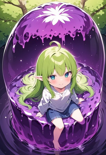 (masterpiece), (score_9, score_8_up, score_7_up,source_anime), 4K8K, best quality, high res image, illustration, Uncorrected, CG, 
(girl view from above. look-doen angle:1.3), from behind, 
1 elf woman sitting on a giant white grape slime, pretty white slime, (lot of white grape cubes around woman), (hair over breasts, long hair, hair censor:1.4), twinkle grape cube, 
slime, slime like a white grape, white grape slime, see-through slime, 
BREAK
small breasts, elf ears, 
(gradient hair, green hair, very long hair, Bangs covered eyes, ahoge, hair over breasts, hair censor), 
(hair blind eyes, half opened eyes, jitome, smile), 
wearing hooded robe, linen dress, culottes, denim short culottes, 
in orchard, fruit orchard, fruits trees,