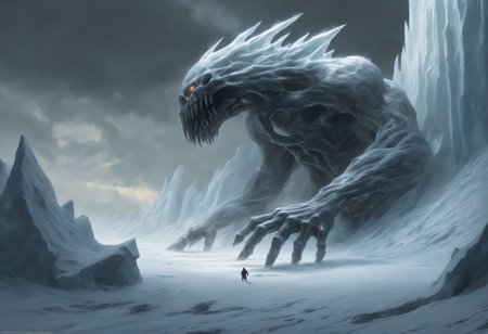 The monochromatic painting depicts a colossal, bony hand emerging from an icy abyss. The hand is deformed and adorned with long, sharp claws. The background is dominated by ice and snow, creating a cold and hostile atmosphere. The hand appears to be breaking through the reflective surface of the ice, hinting at a massive creature lurking beneath. A blizzard rages on, adding to the intensity, while the snowstorm envelops the scene, making the hand's emergence even more dramatic.

concept art, digital painting, matte painting, megascans, octane rendering, god rays, ray tracing, lumen, high-resolution

