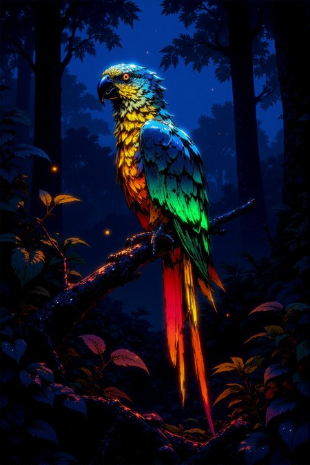 <lora:DGLO_style_v.7:0.85> DGLO style.
A majestic parrot perched on a gnarled tree branch in a dark mystical forest, its sleek feathers glowing vibrantly like bright liquid neon. (The birdâs plumage radiates with shimmering hues of electric blue, emerald green, and vivid yellow and big red tail feathers, casting a bright glow onto the surrounding foliage and branches). The parrotâs glowing eyes emit a warm golden light, creating a piercing yet tranquil presence against the dark background. Fireflies drift lazily in the air, their faint light complementing the parrot's radiant feathers. The background features dense, dark jungle vegetation. Almost black night sky scattered with tiny stars. Camera angle: a close side profile of the parrot, with a blurred, dreamy forest as its backdrop, emphasizing its neon brilliance.