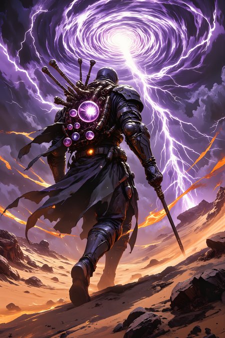 A storm chaser pursues dust devils in armor made of interlocked plates that channel lightning safely away. They carry a collection of glass spheres that capture and preserve different types of desert storms, each swirling with unique patterns of sand and energy. Their backpack contains a visible engine that pulses with purple lightning, while brass instruments extend from their armor to sample the storm's power. , detailed background  Fantastic lighting. Detailed shadows.intricate details, vivid colors, hyper-detailed, ultra-sharp,  <lora:RetroAnimeFluxV1:0.65><lora:flux.1_lora_flyway_ink-dynamic:0.6><lora:New_Fantasy_CoreV4_FLUX:0.8>