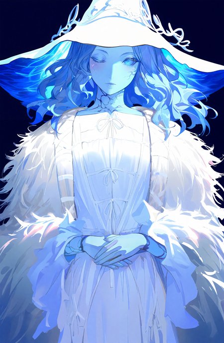 ranni_the_witch, 1girl, solo, long_hair, looking_at_viewer, blue_eyes, dress, hat, blue_hair, one_eye_closed, white_dress, colored_skin, white_headwear, witch_hat, own_hands_together, cloak, blue_theme, blue_skin, extra_arms, cracked_skin, fur_cloak, extra_faces