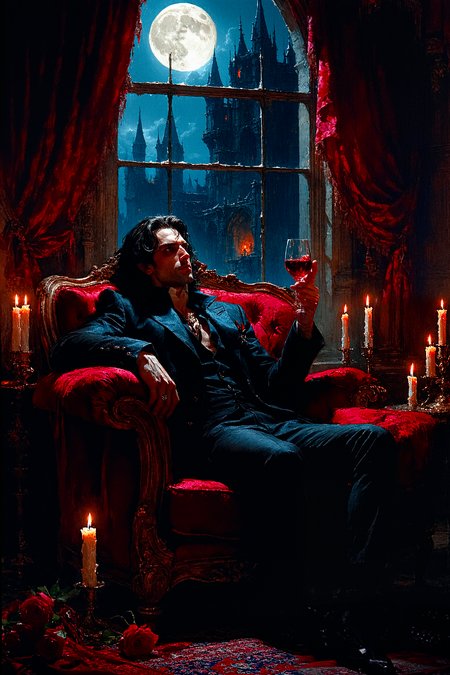 A vampire aristocrat, lounging in an opulent, candlelit chamber filled with velvet drapes and antique furniture. He holds a glass of dark red wine (or is it blood?) and looks out through a tall, arched window at the full moon. His sharp, elegant features are pale, and his eyes gleam with eternal knowledge and hunger. The mood is dark and seductive, with gothic elegance. The art style is richly detailed, focusing on deep reds, blacks, and golds to create a luxurious, eerie atmosphere.