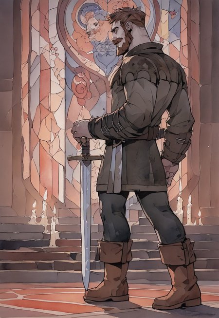 score_9, score_8_up, Persival, mustache, facial hair, brown eyes, cotehardie, full body, dynamic pose, grabbing a sword, muscular, (tomb, candles), small stained glass, watercolor \(medium\), traditional media, looking ahead,, smirk, smile, belt, pants, boots, 