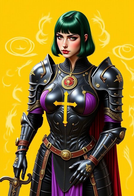 (bayonetta, pnpgrlCE_style, pinkfantasybabes, ArsMJStyle, Colored pencil hyperdetailed realism, By Donna Young) A high-resolution photograph of a female knight clad in ornate, medieval armor. The armor is predominantly black with intricate purple and silver detailing, including Celtic-inspired patterns and a prominent yellow cross on the chest. The knight's helmet is sleek and modern, featuring a deep green, bob-cut hairstyle with bangs that frame her face. Her expression is serious, with a determined, focused gaze. Her armor is adorned with yellow and bronze accents, adding a sense of nobility and power. She holds a large, ornate sword in her right hand, which is partially visible, and she wears a belt with a sheathed dagger on her left hip. The armor is heavily detailed, with rivets and straps giving it a realistic, heavy feel. Her left arm is visible, adorned with a gauntlet that matches the rest of her armor. The background is a solid, vibrant yellow with subtle, swirling patterns that echo the Celtic motifs on the armor. The overall composition is striking, with the vivid colors and detailed textures emphasizing the strength and nobility of the knight. The image conveys a sense of medieval grandeur and heroism.