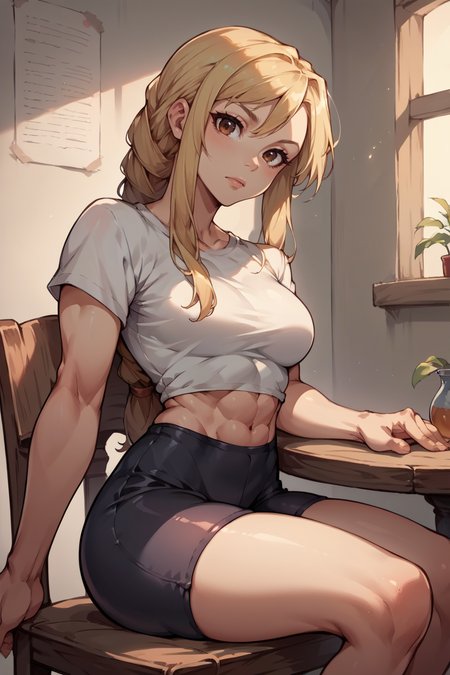 score_9, score_8_up, score_7_up, score_6_up, source_anime, 1girl, solo BREAK  <lora:agrias-pdxl-nvwls-v1-000005:0.9> agrias, blonde hair, brown eyes, braided ponytail, medium breasts, white t-shirt, spandex shorts, midriff, sitting, chair, table, looking at viewer, head tilt, toned body