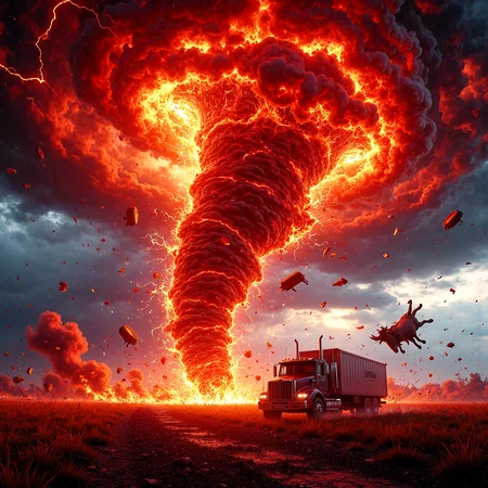 (Clip_L).
Under a churning, stormy sky, a monstrous red tornado rips through the open landscape, casting a fiery glow across the scene. The tornado is ablaze, its spiraling core churning with flames that lick outward, casting fierce, blood-red light over everything. The storm crackles with crimson lightning, illuminating the tornado in vivid shades of scarlet and orange, amplifying its chaotic, destructive energy.

The base of the tornado is a swirling maelstrom of debris and flying objects, hurtling through the air with wild abandon. Cars and trucks are tossed like toys, fragments of buildings are ripped apart midair, and even livestock — a cow suspended in a helpless spin — are caught in the cyclone’s relentless grip. (Camera captures a poor cow flying mid-air near a truck). The ground around the tornado is scorched and smoking, with patches of fire spreading across the landscape, adding to the scene’s apocalyptic feel.

Shadows stretch and flicker as the flames cast eerie light across the devastation, while the dynamic contrasts of fire, lightning, and shadow create a terrifying display of power and destruction. Each detail is rendered in ultra-high definition, with cinematic lighting emphasizing the catastrophic force of this storm, capturing the fierce beauty and sheer chaos of nature’s wrath in an unforgettable, nightmarish landscape.