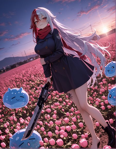 motion_blur:1.1, very aesthetic, 8K, 1girl, full sleeve tattoo, Legs crossed while standing, midi_dress, motion_lines:1.1, newest, scarf, absolutely eye-catching, large breasts, Nervous expression (Often with biting lip or fidgeting implied), Street Doc, absurdres, polarized, Hibana (Fire Force), soft vignette, ray_tracing, fisheye, slime_(creature), depth of field, best quality, pea_coat, masterpiece, barefoot, perky breasts, gunblade hybrid weapon, Split-color hair, nail_polish, slime, 1boy, sunrise, Field of tulips in Holland, very long hair, very long hair, escher-style geometry, human, light skin, sleek design, windmills distant., ultra-detailed, Synthwave Theme, amazing quality, anime character, RTX, ankle_boots, ambient occlusion