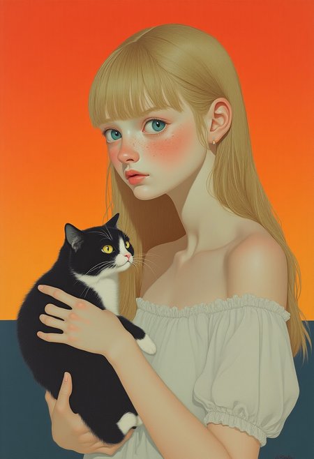 This is a photo depicting a pixie style woman holding a small cat against a gradient background transitioning from a deep orange at the bottom to a lighter orange at the top. The woman has long, straight blonde hair with bangs that partially cover her forehead. Her skin is fair with a light dusting of freckles on her cheeks and nose, giving her a youthful appearance. She has a delicate, almost ethereal look with large, expressive blue eyes and a slight blush on her cheeks. She is wearing a simple, off-the-shoulder white top that exposes her shoulders and upper arms, which are slender and smooth. Her expression is contemplative, with a slight furrow on her brow and a soft, almost wistful gaze directed downward at the cat. The cat she is holding is black and white, with a round face, large yellow eyes, and a fluffy tail. It appears to be a domesticated breed, possibly a British Shorthair, and is perched in her arms, looking up at her with a curious expression. The background is minimalistic, focusing attention on the subjects. cool atmosphere, punk attitude, shanshui, gongbihua