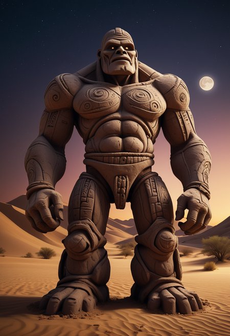 award winning, (professional photo) of (towering golem made of clay), immense size, with tribal markings, holding a stone club, set in  a mystical desert, with glowing sands, enchanted oases, and an otherworldly feel , under the moonlight, , creative, beautiful, vibrant, masterpiece, 64k, UHD, HDR, full view, atmospheric lighting, extremely detailed