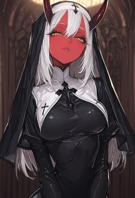 masterpiece, best quality, amazing quality, 1girl, hair ornament, 
 8K, illustrating, CG, detailed-eyes, detailed background, cute girl, eyelashes, lowlight
BREAK
sexy, slutty, hot, aroused, 
BREAK
detailed background, eyelashes, erotic, looking seductive, coy. dynamic action image, detailed face, detailed eyes, direct mesmerizing gaze, 
BREAK
(EyesHD:1.2), (4k,8k,Ultra HD), masterpiece, best quality, ultra-detailed, very aesthetic, sharp focus, depth of field, ray tracing, best lighting, detailed illustration, detailed background, cinematic, beautiful face, beautiful eyes,
BREAK
Aka-Oni, oni, colored skin, red skin, smooth horns, black horns, 
BREAK
medium breast, slim waist, nun outfit,