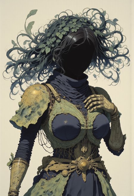 Cyborg biopunk Fairytale, intricate cyborg Portrait of a female Robotic entity with Long billowing Hair Made of leafs, black hollow eerie head, No Face, DARK moody