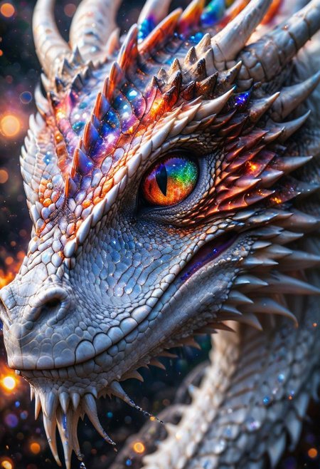 Extreme close up Portrait of a majestic white dragon, with a rainbowiridal galaxy in fire dragon eyes, highly detailed, tears, emotional, bokeh, taken at an angle, f/1.2, canon photography