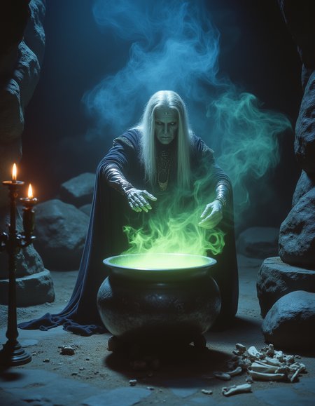 <lora:80s_Fantasy_Movie:1> ArsMovieStill, 80s Fantasy Movie Still
dark cavern, a grey skinned old witch stirring the cauldron, green and blue hues coming from the cauldron ,  skeleton and bones on the ground,  candle stands with lit candles give little bit of lighting to the cavern