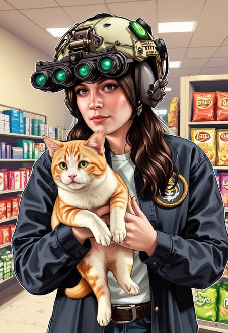 aidmaGTA5 artstyle of a woman standing in an aisle of a grocery store, holding an orange and white kitten in her arms. The woman is wearing a black jacket with a visible emblem on the left side, which appears to be some sort of badge or patch. The modern military helmet on her head is equipped with night vision goggles 4 black tubes with 4 green lenses at the end GPNVGs. Her hair extends out from under the helmet, appearing long and dark. The grocery store aisle is stocked with various packaged products, predominantly bags that could be chips or similar snack items.