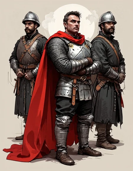 a commanding captain of the city watch stands with authority and unwavering discipline. His piercing gaze and sharp, neatly trimmed black beard add to his air of experience and command. His powerful stance, with arms crossed over his chest, conveys confidence, strategy, and an iron will.

He wear a medieval ch4per0n and is clad in a sturdy steel cuirass, worn over a thickly padded gambeson, offering both protection and comfort. The metallic sheen of his armor catches the light, revealing subtle battle scars and wear from years of service. His leather gauntlets, reinforced with metal studs, suggest a man accustomed to combat, ready to act at a moment’s notice.

His lower half is encased in segmented steel greaves, ensuring mobility and defense in equal measure. His heavy, battle-worn boots plant him firmly on the ground, each step likely resonating with authority. A long, crimson cape flows behind him, symbolizing his rank and unwavering duty. The fabric is slightly weathered, but still commands respect, draping elegantly over his armored shoulders.

Behind the captain, two city watch soldiers stand at attention. 
They wear sturdy leather armor layered over dark woolen tunics, a practical combination for both flexibility and protection. 
Their faces are rough, marked by years of experience, their expressions stoic and unwavering. 
The soldier on the right wears a helmet, its worn metal surface reflecting the dim torchlight, adding to the aura of discipline and readiness.


The background is simple and stylized, using a blend of soft gradients and abstract fantasy elements to suggest a mystical setting without drawing focus away from the character.
The lighting is dramatic, with cold highlights on the metallic surfaces of the character and soft shadows enhancing the depth of his form. 
The color palette consists of shades of grey and brown, deep grey and stone, contrasting subtly with the muted hues of the background.
